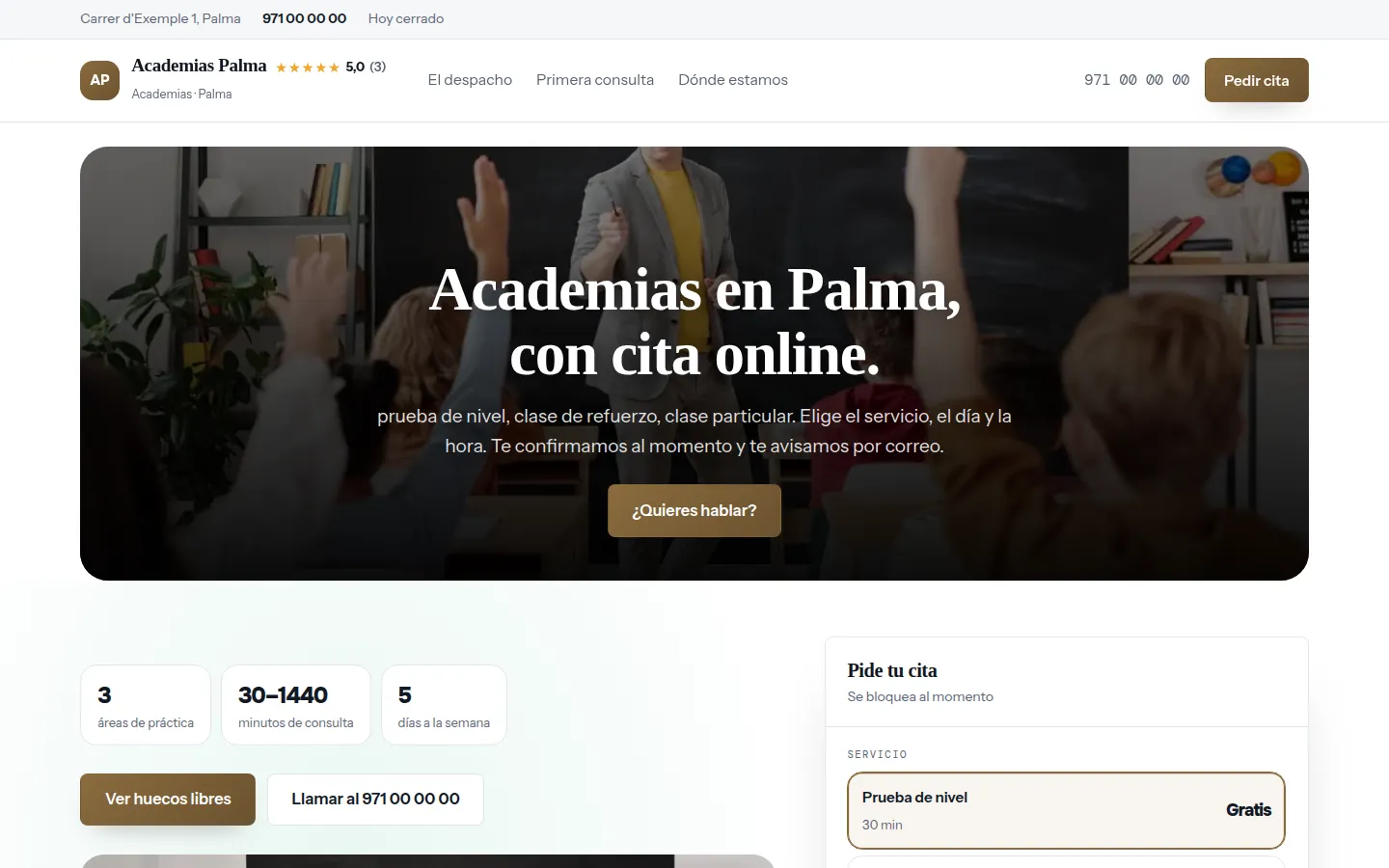 Ejemplo de página web para academias hecha con Agendra