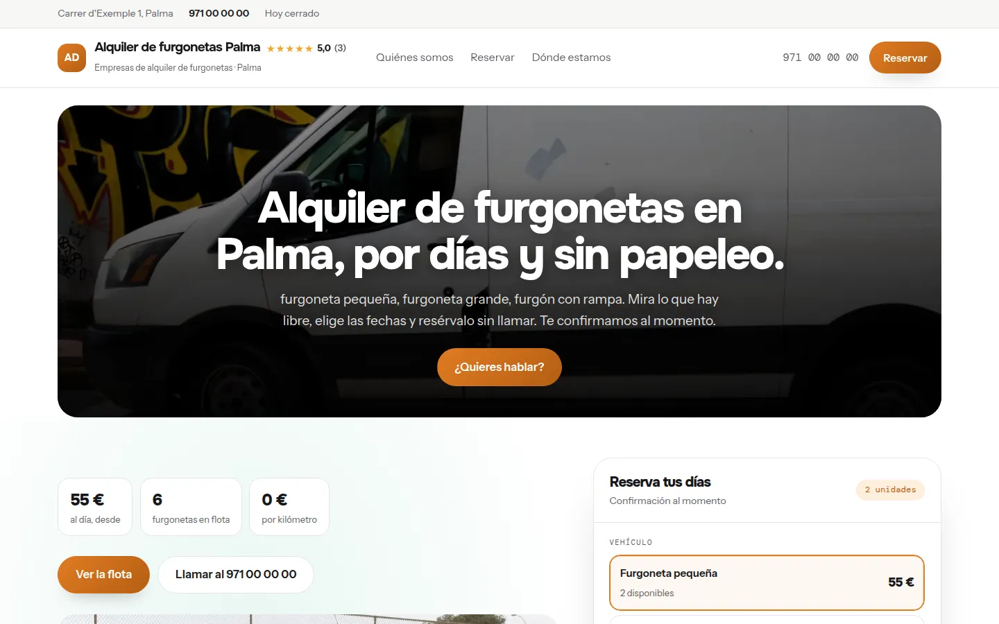 Ejemplo de página web para empresas de alquiler de furgonetas hecha con Agendra