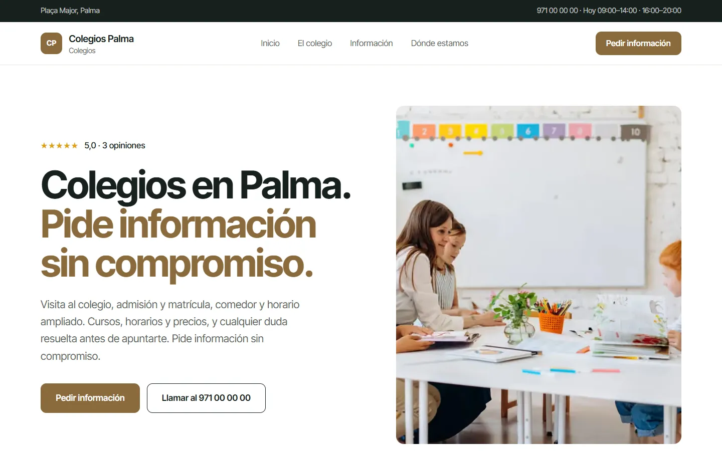 Ejemplo de web de una academia, con sus cursos, sus cuotas y la matrícula