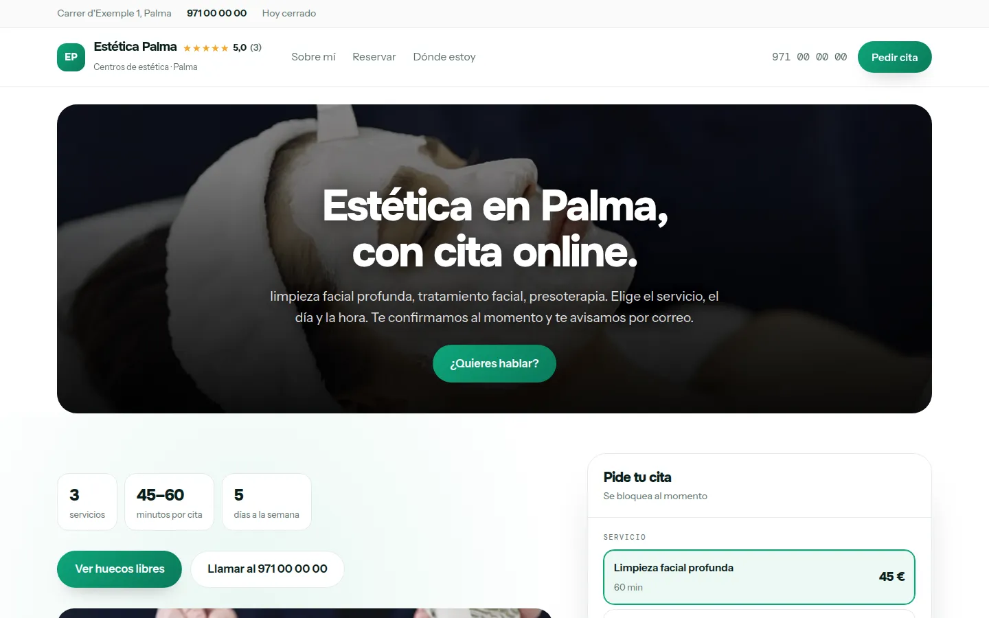 Ejemplo de página web para centros de estética hecha con Agendra