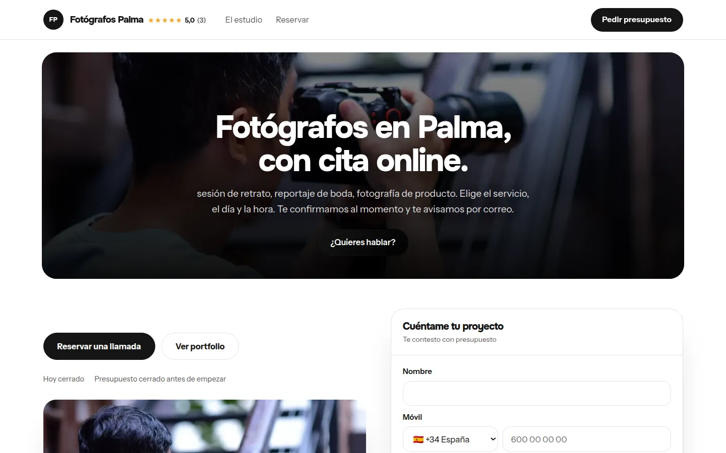 Ejemplo de página web para fotógrafos hecha con Agendra