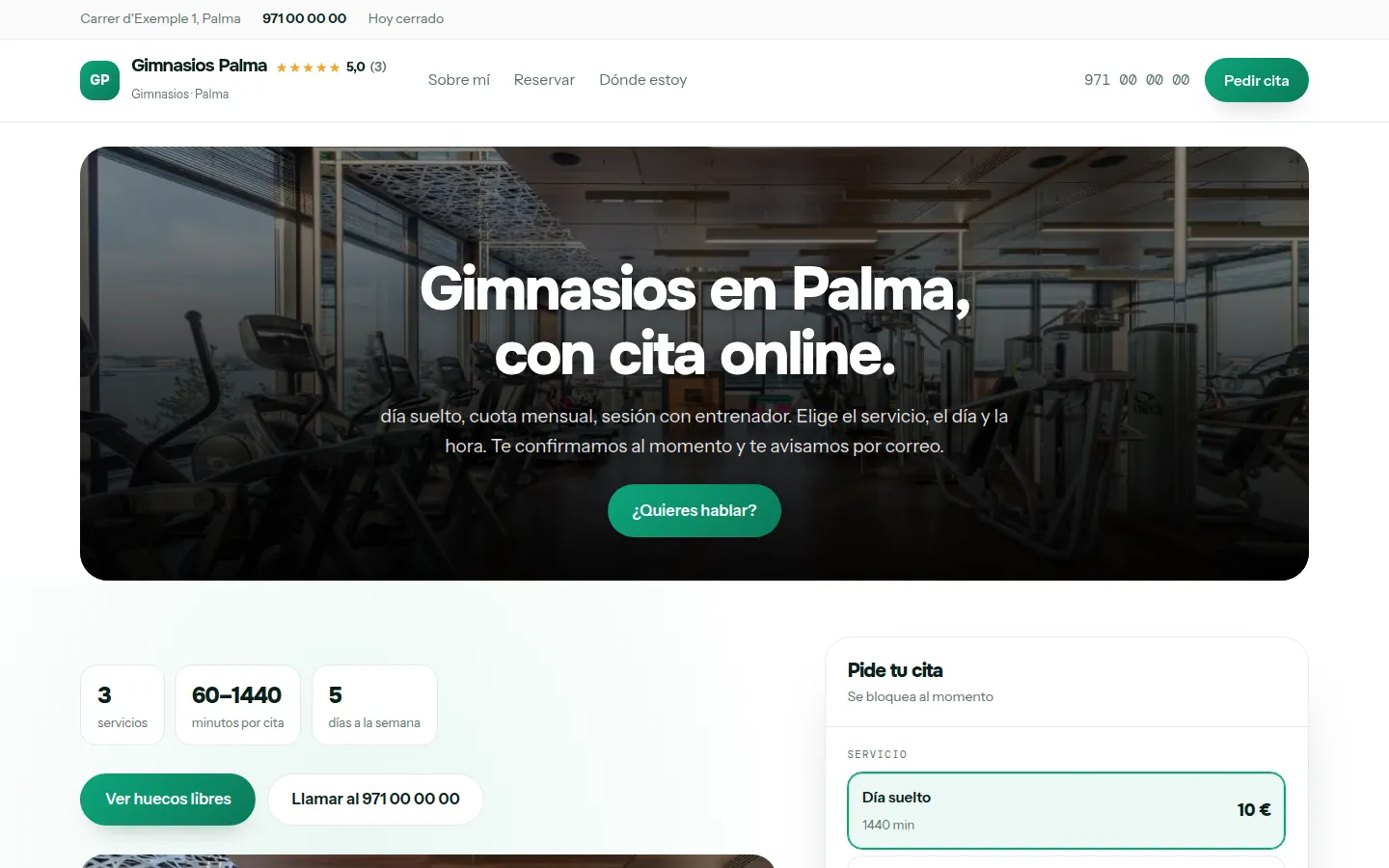 Ejemplo de página web para gimnasios hecha con Agendra