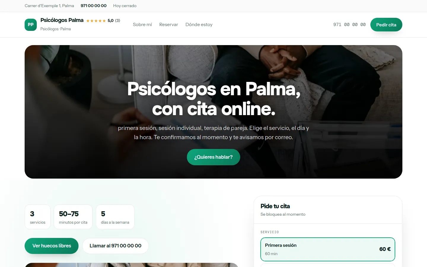 Ejemplo de página web para psicólogos hecha con Agendra