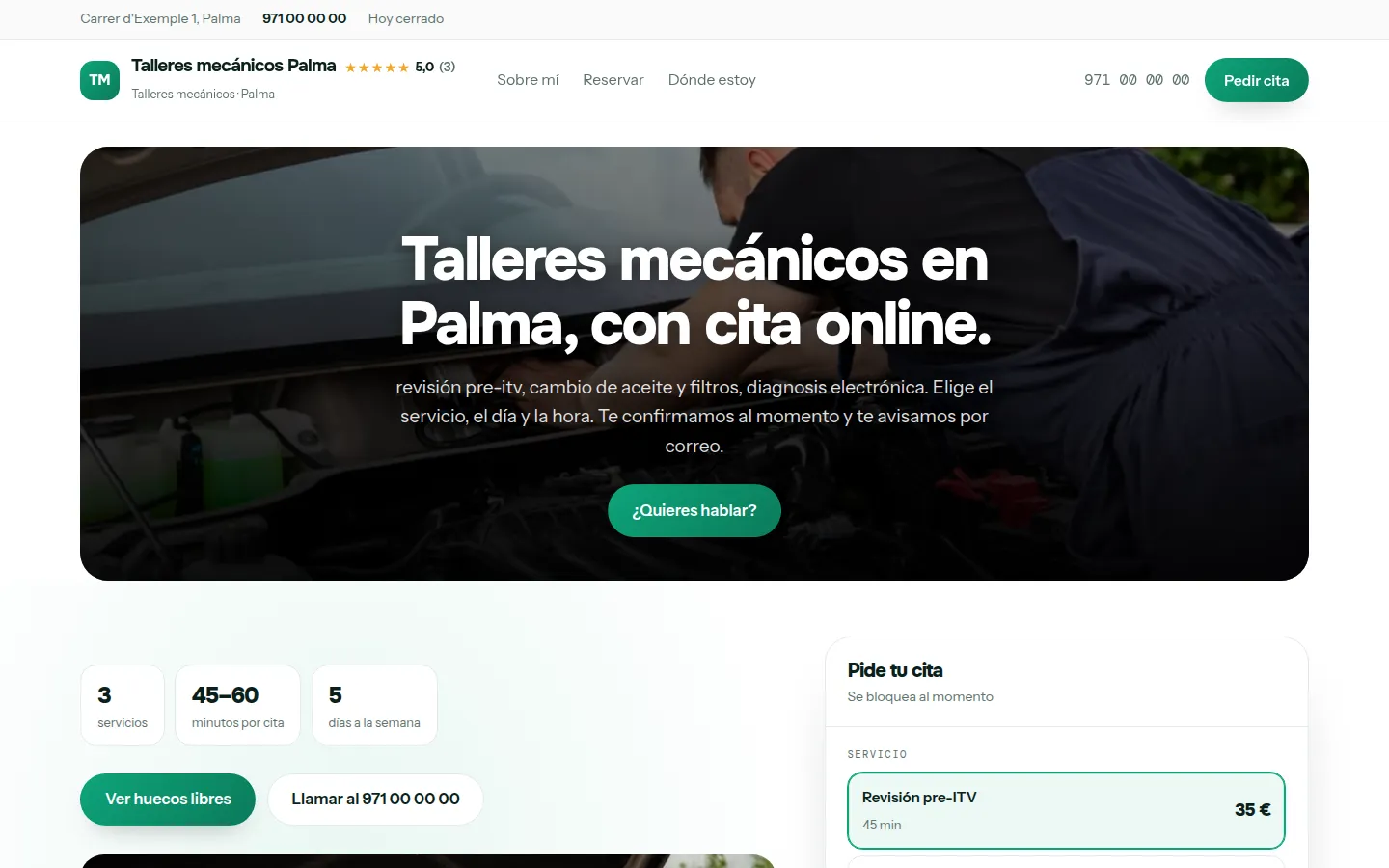 Ejemplo de página web para talleres mecánicos hecha con Agendra