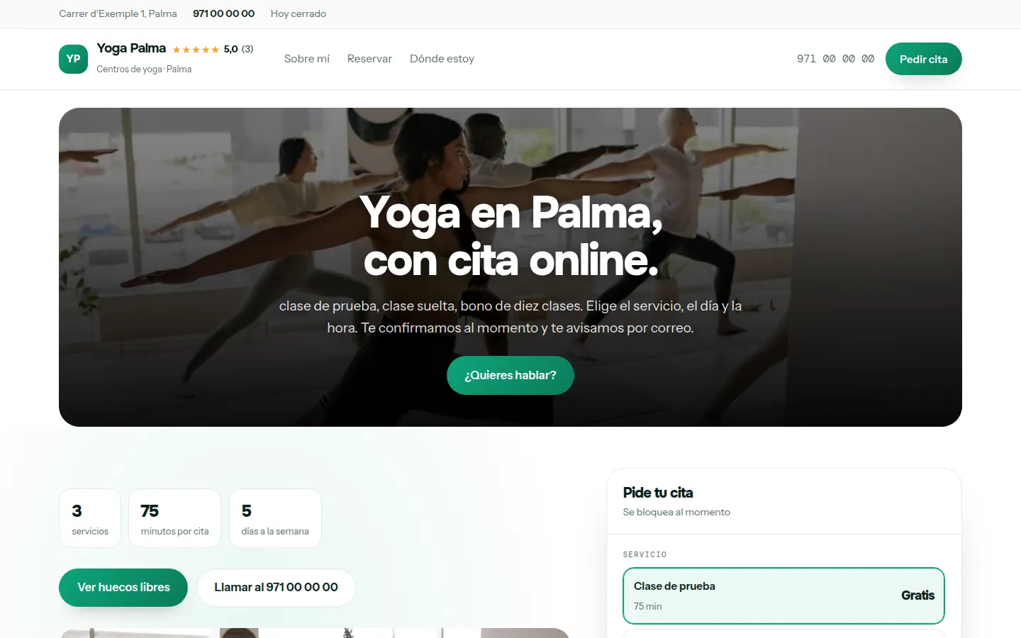 Ejemplo de página web para centros de yoga hecha con Agendra