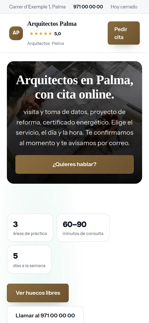 La misma web de arquitectos vista en el móvil