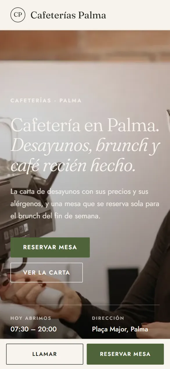 Web de ejemplo para cafeterías vista en el móvil
