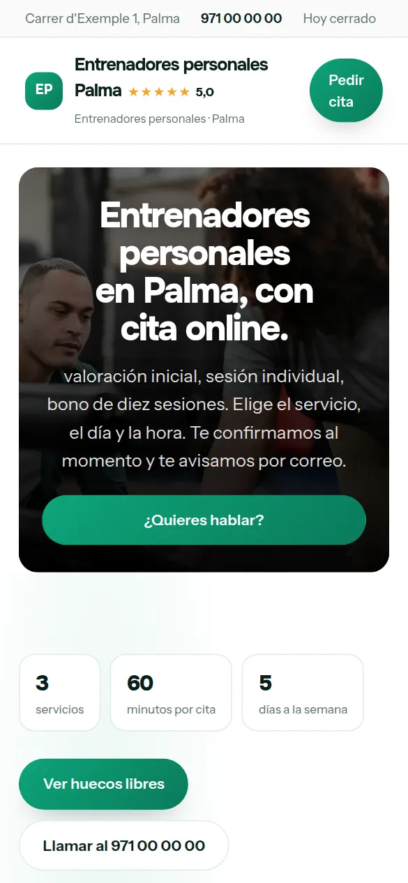 La misma web de entrenadores personales vista en el móvil