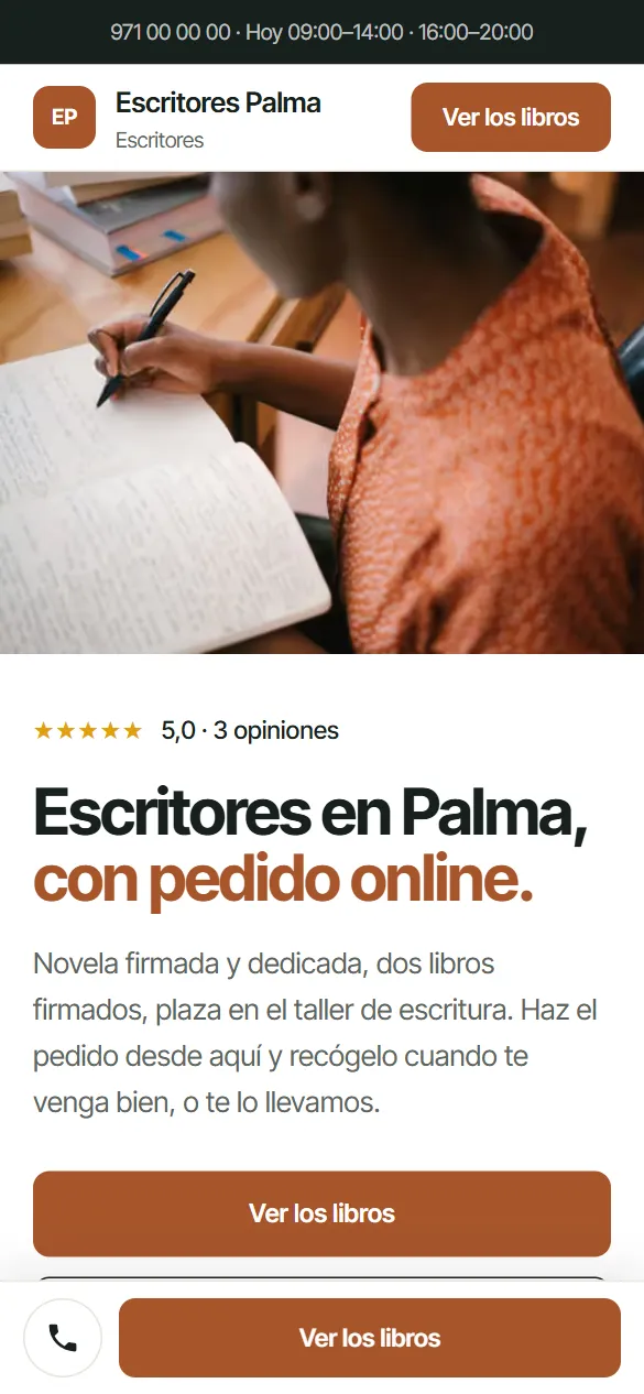 Web de ejemplo para escritores vista en el móvil