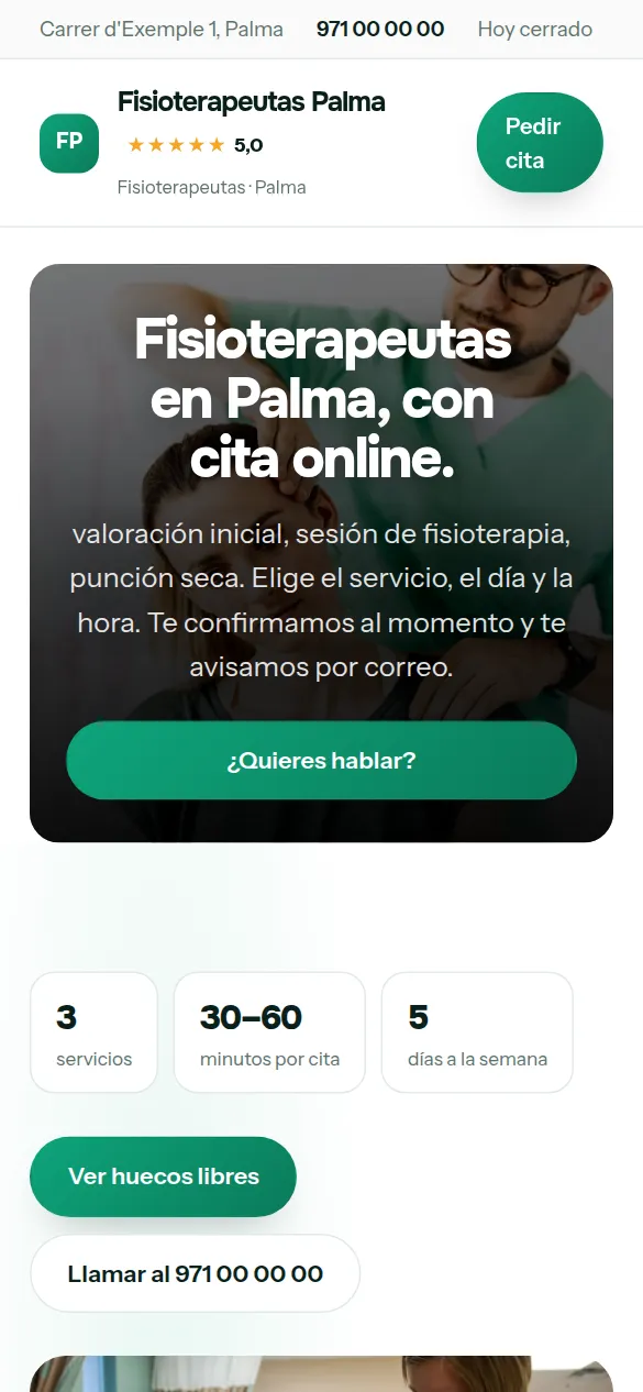 La misma web de fisioterapeutas vista en el móvil