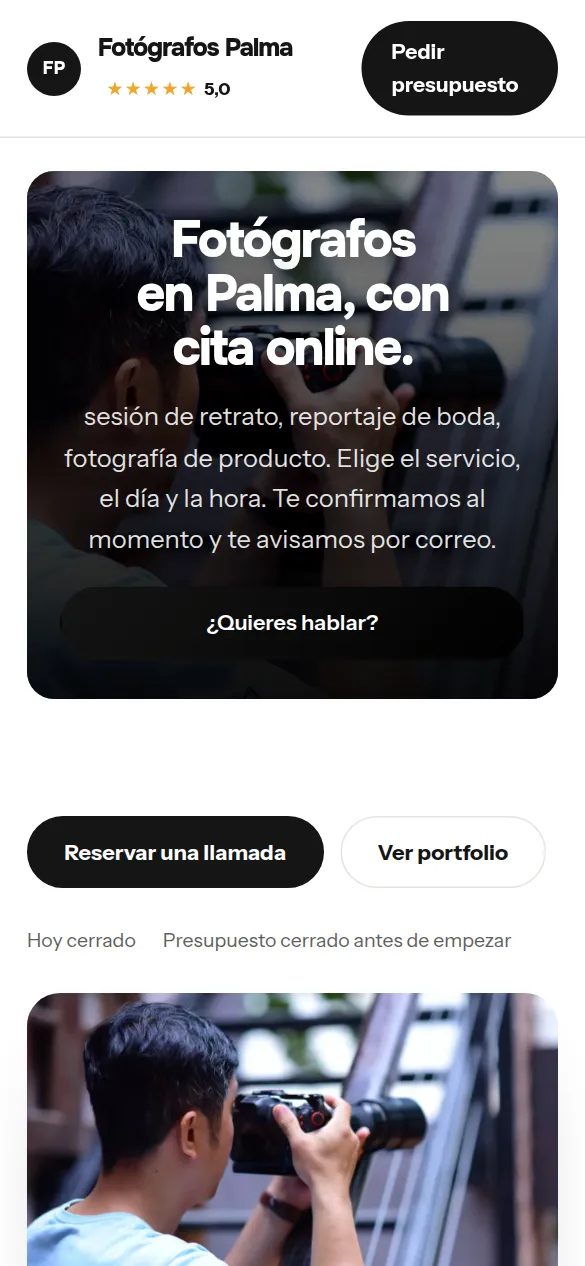 La misma web de fotógrafos vista en el móvil
