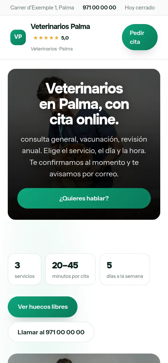 Web de ejemplo hecha con Agendra, vista en el móvil