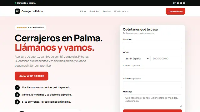 Diseño Directa en la web de muestra de un negocio de tipo urgencias