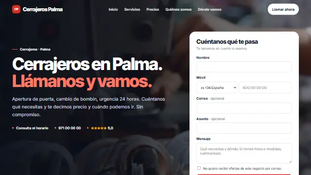 Diseño Contraste en la web de muestra de un negocio de tipo urgencias