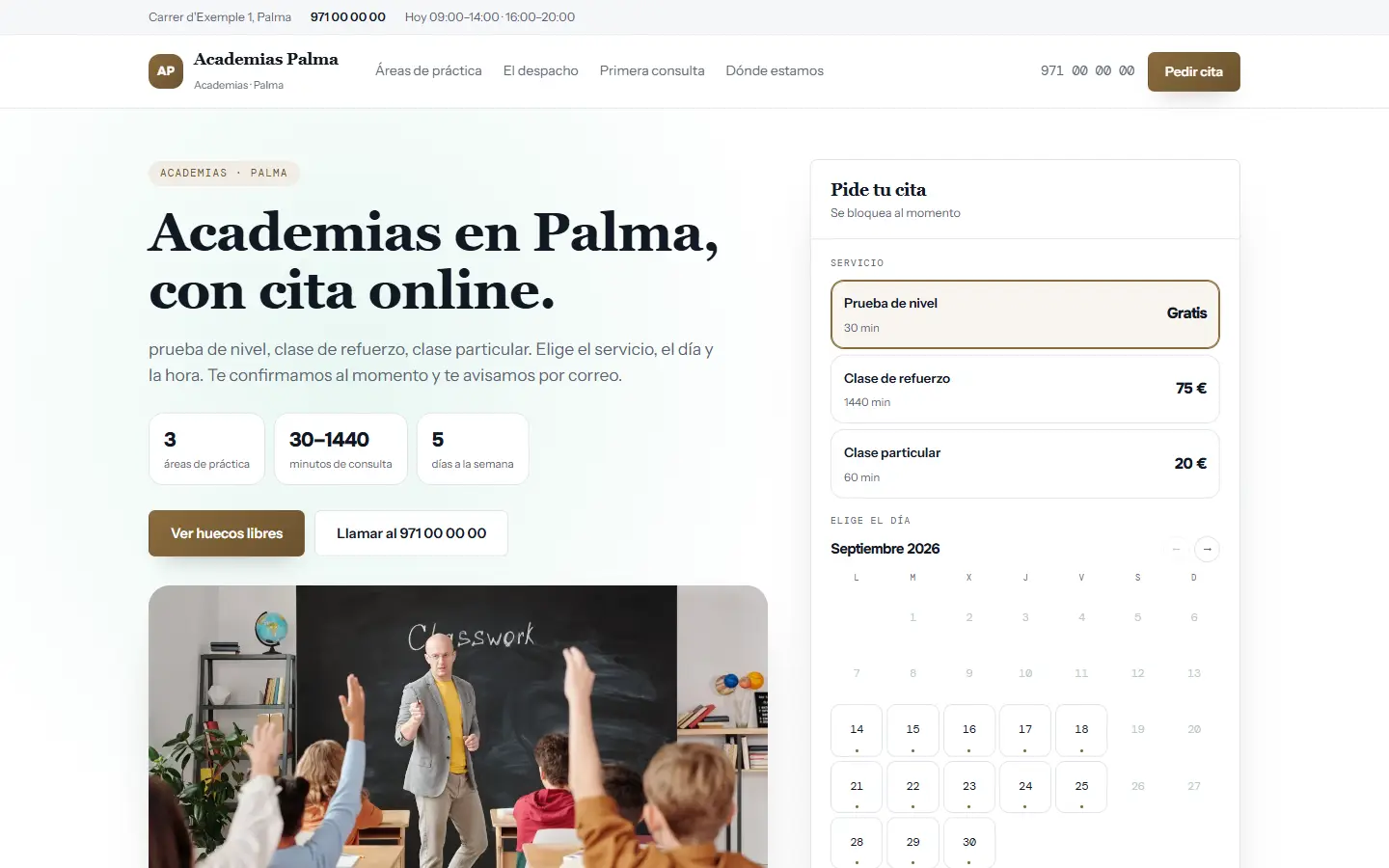 Web de ejemplo para academias vista en un ordenador