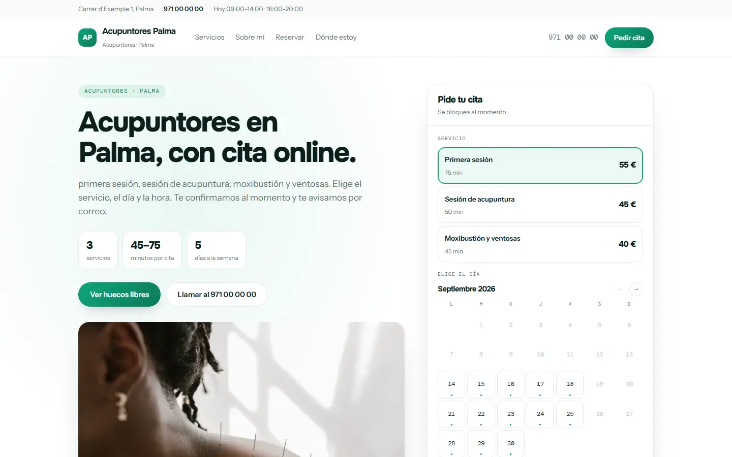 Ejemplo de web de una consulta, con sus servicios y el calendario de citas