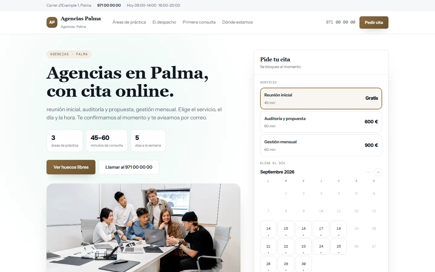 Ejemplo de web de un despacho, con sus servicios y la primera consulta reservable