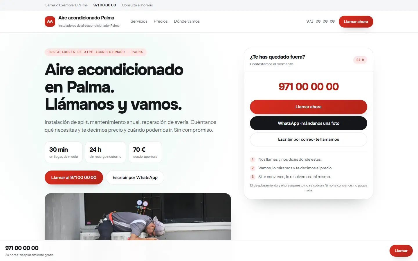 Ejemplo de web de un oficio a domicilio, con el teléfono y el WhatsApp por delante