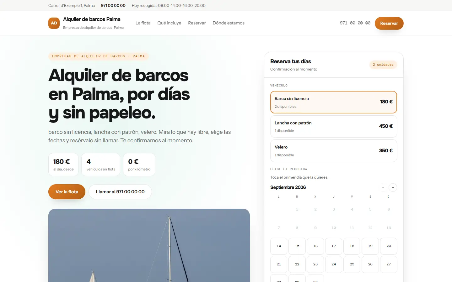Ejemplo de web de alquiler, con la flota, el precio por día y el calendario