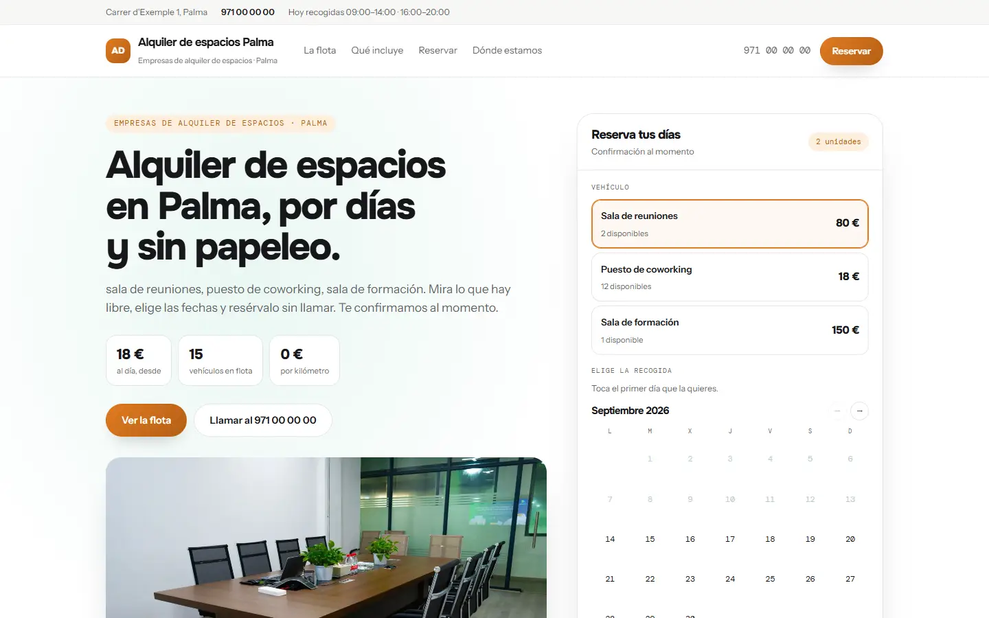 Ejemplo de web de alquiler, con la flota, el precio por día y el calendario