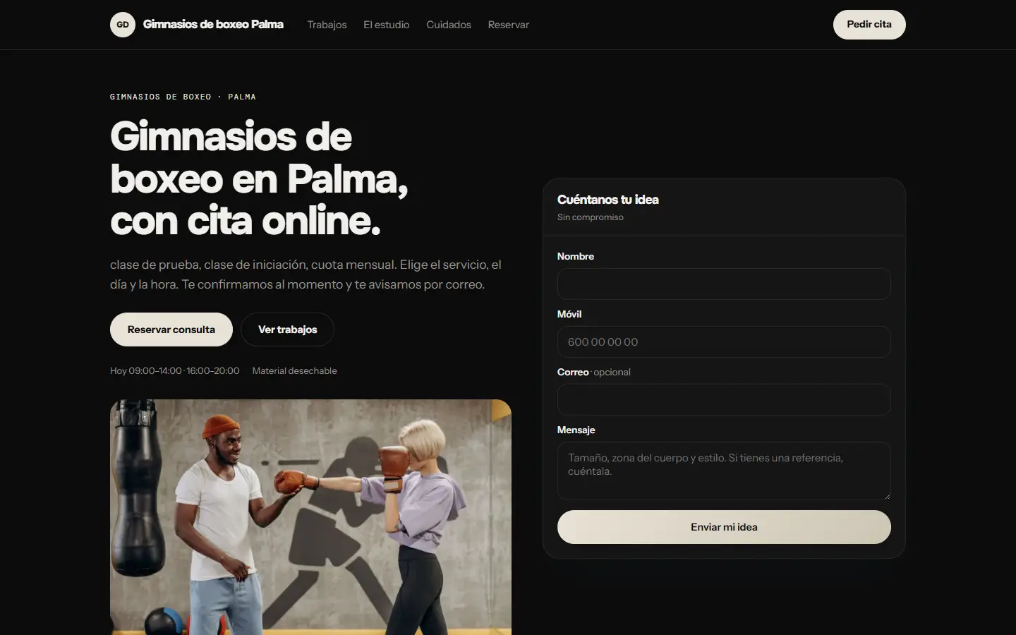 Ejemplo de web de un centro deportivo, con sus clases y la reserva de plaza