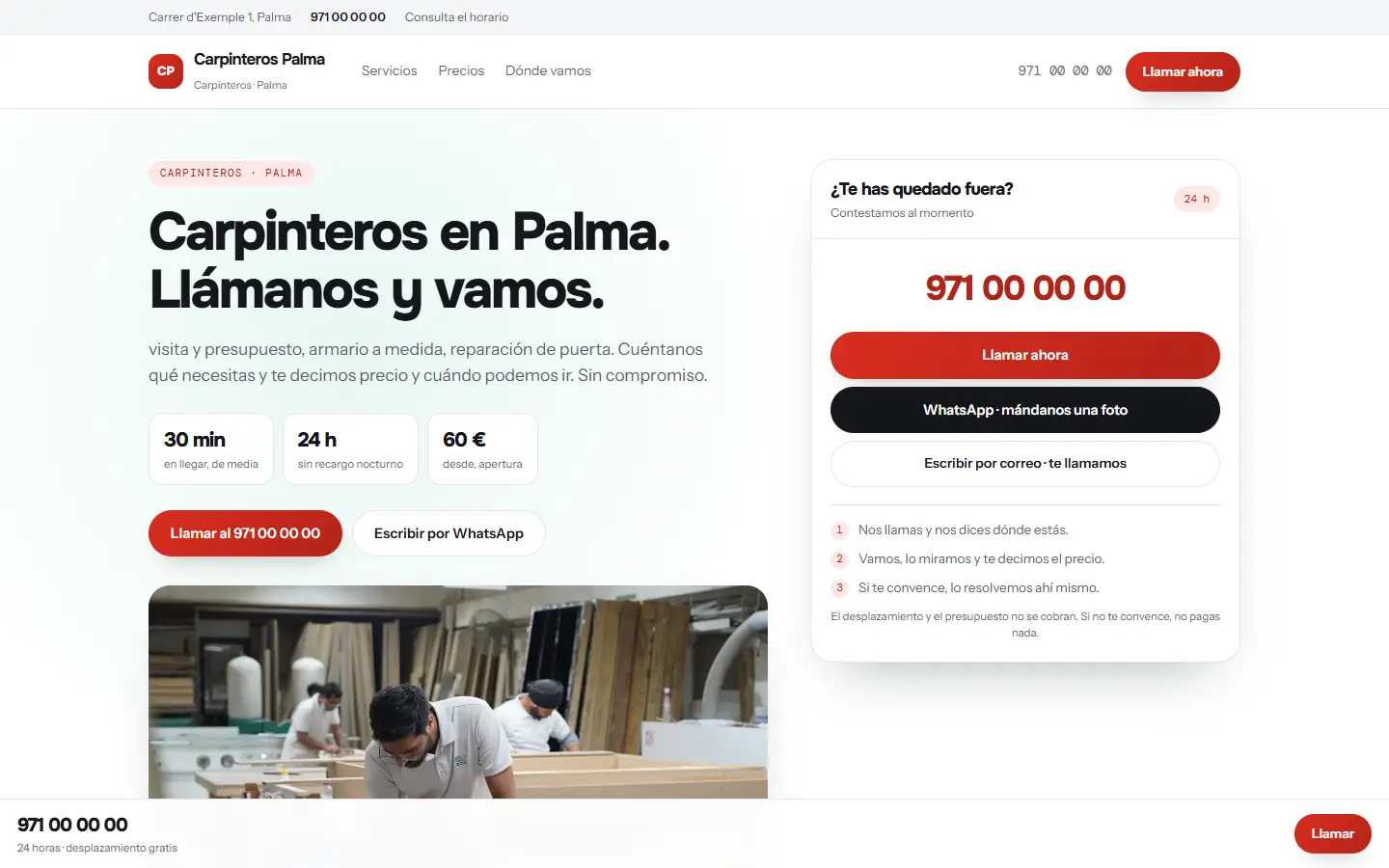 Ejemplo de web de un oficio a domicilio, con el teléfono y el WhatsApp por delante