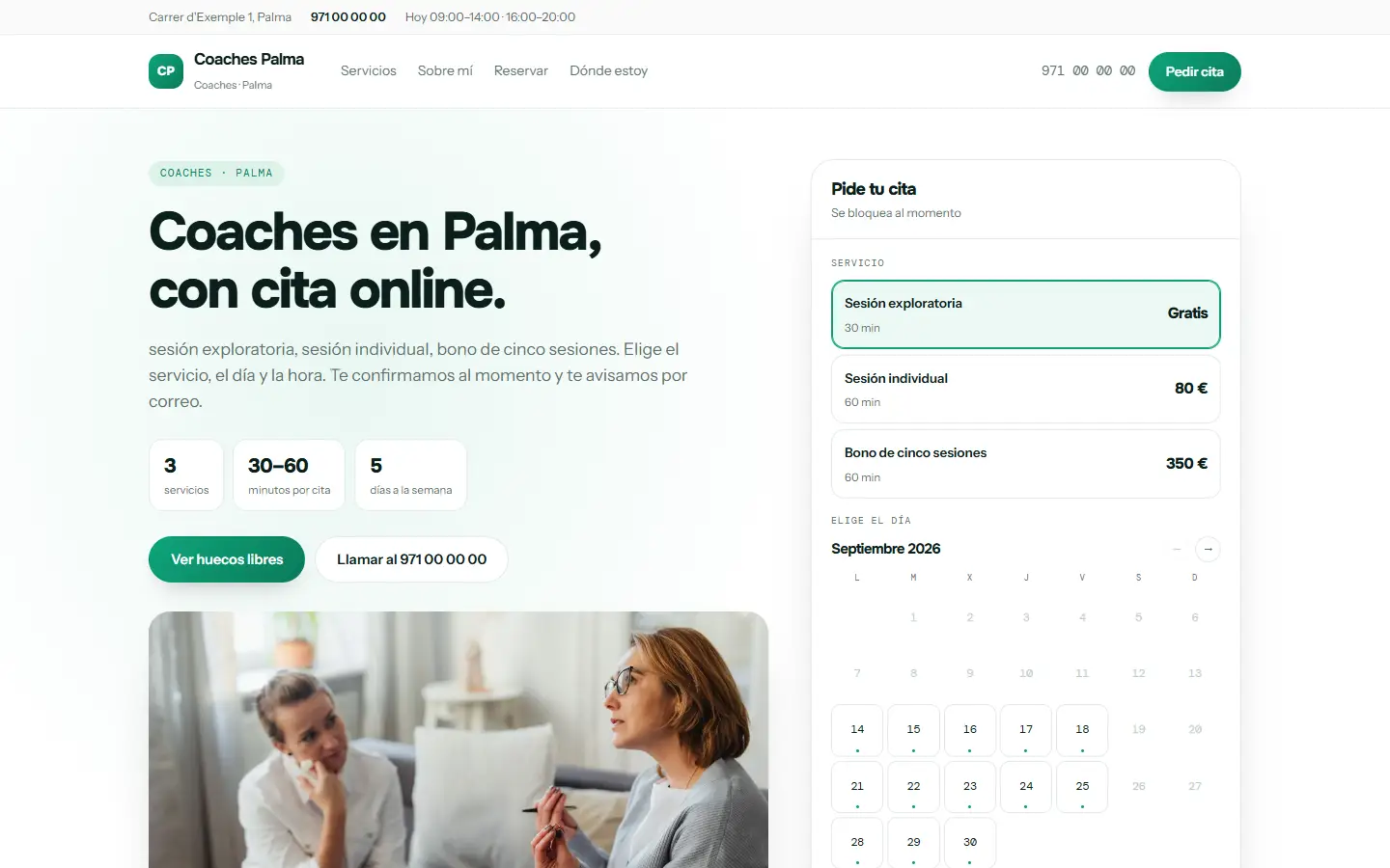 Ejemplo de web de un despacho, con sus servicios y la primera consulta reservable