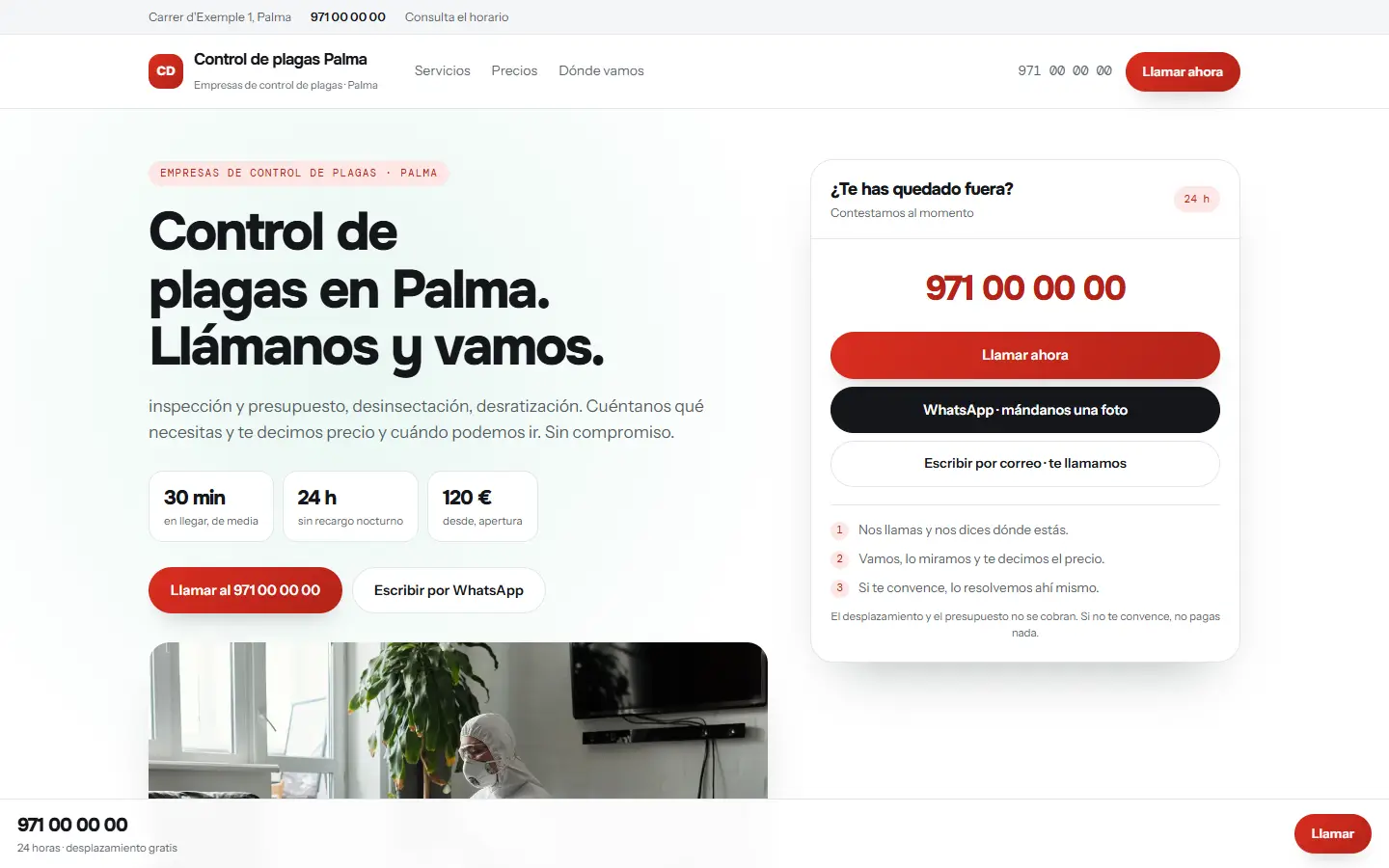 Ejemplo de web de un oficio a domicilio, con el teléfono y el WhatsApp por delante