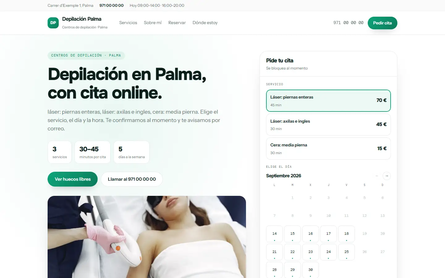 Ejemplo de web de un salón, con sus servicios, sus precios y la reserva online