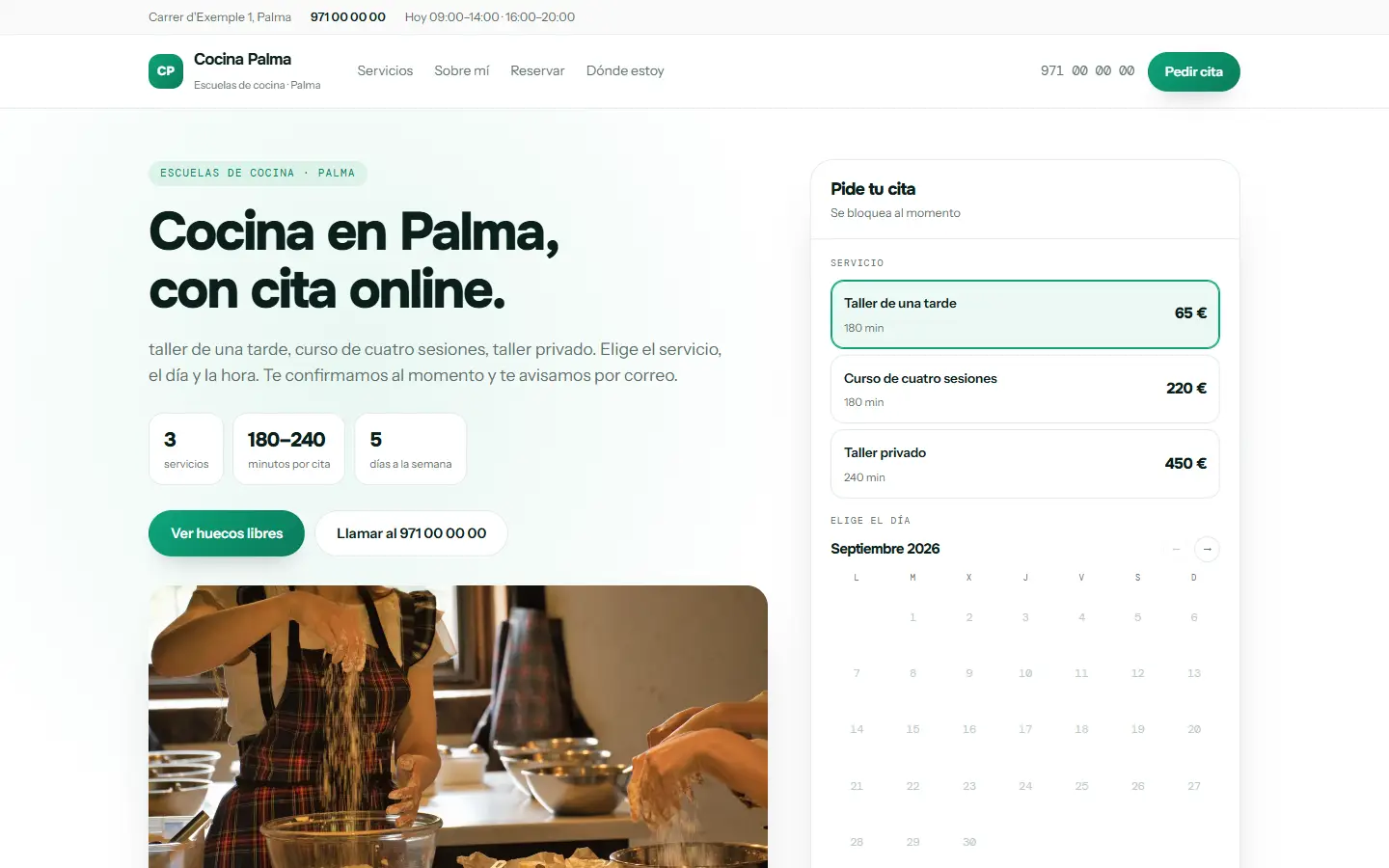 Ejemplo de web de una academia, con sus cursos, sus cuotas y la matrícula