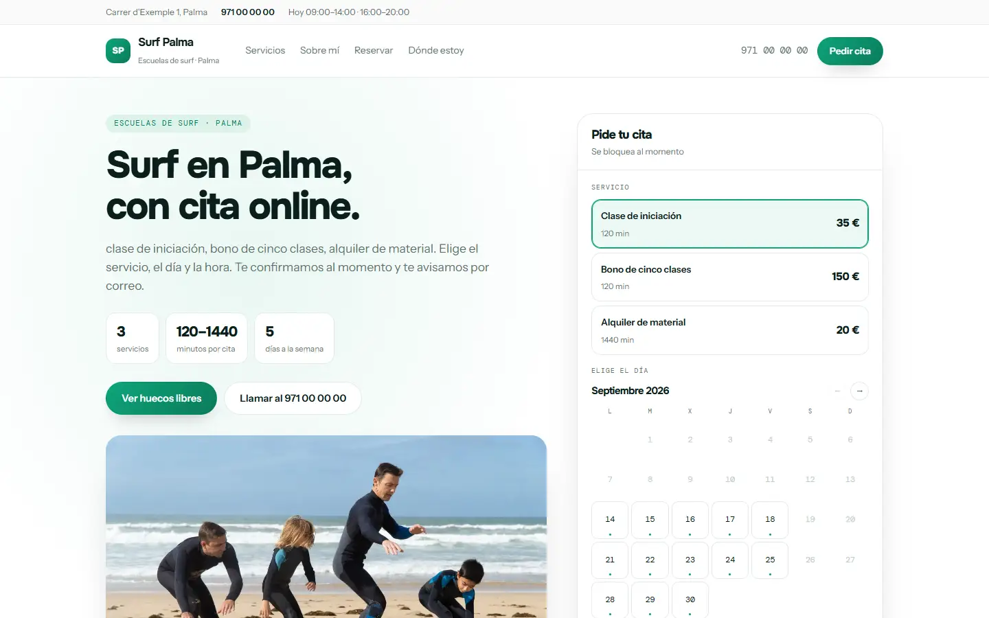 Ejemplo de web de un centro deportivo, con sus clases y la reserva de plaza
