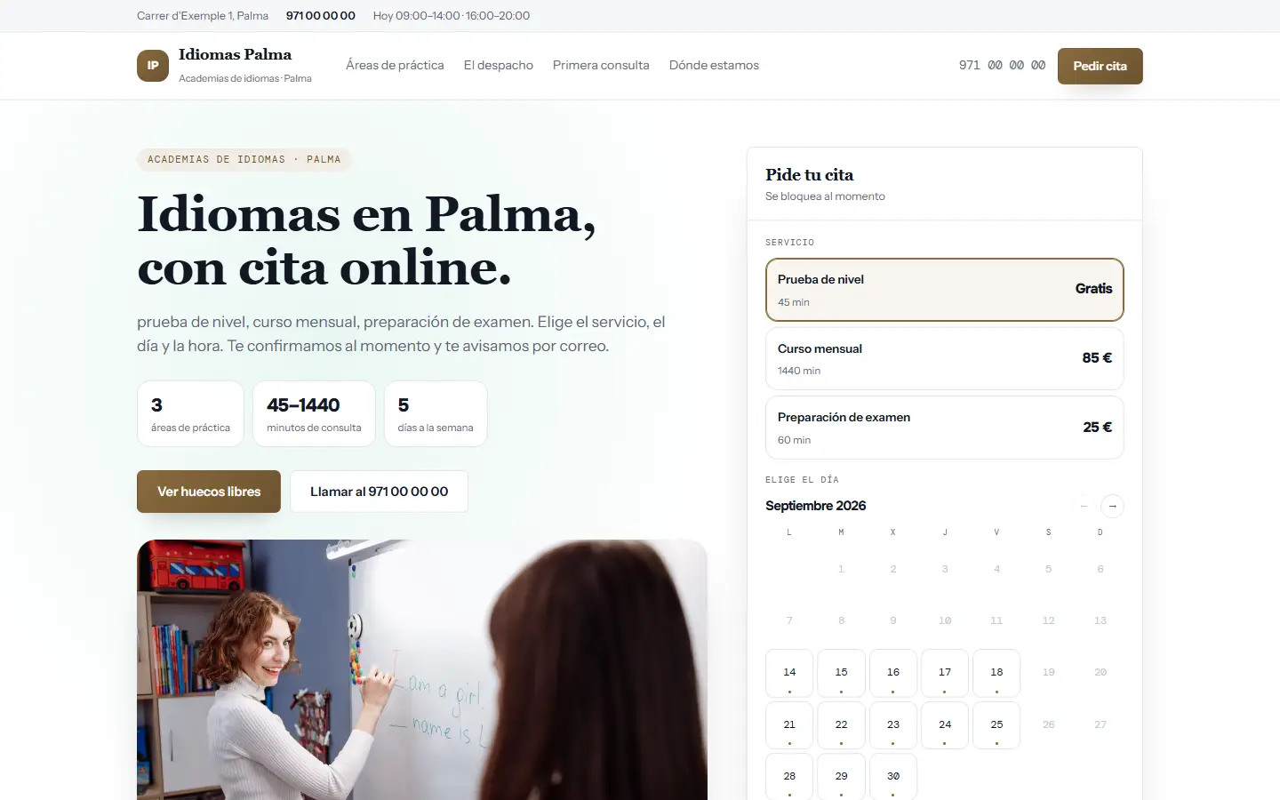 Ejemplo de web de una academia, con sus cursos, sus cuotas y la matrícula