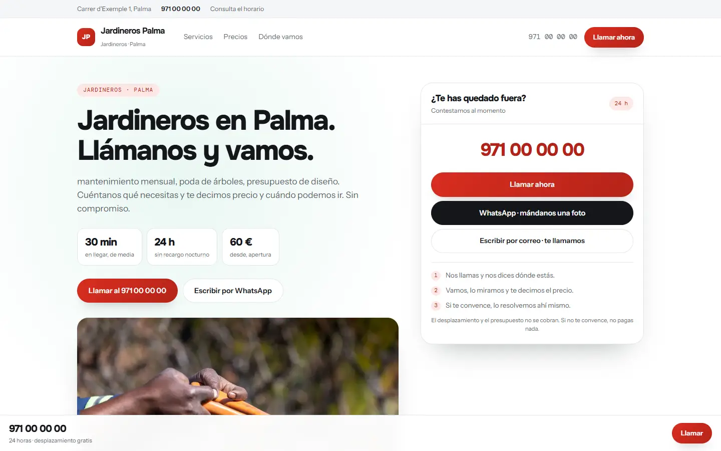 Ejemplo de web de un oficio a domicilio, con el teléfono y el WhatsApp por delante