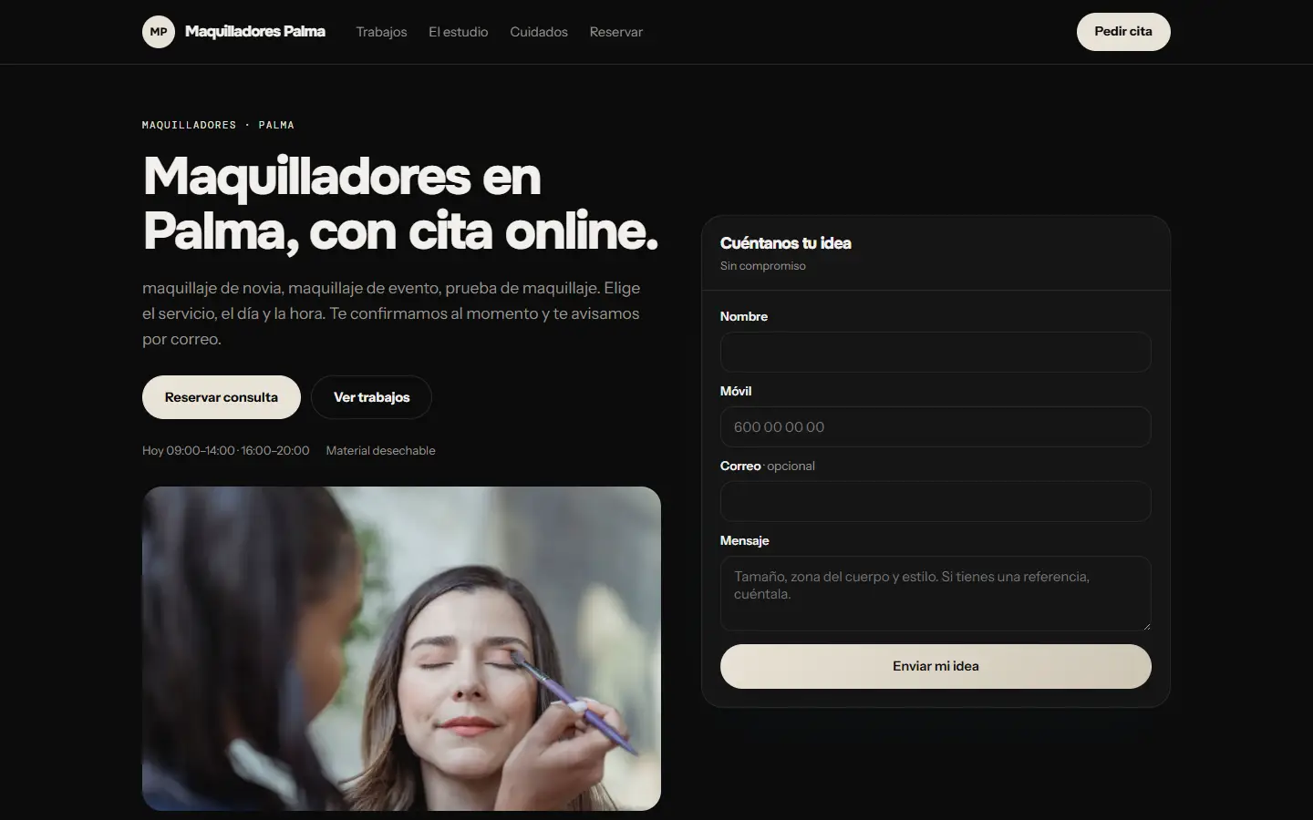 Ejemplo de web de un salón, con sus servicios, sus precios y la reserva online
