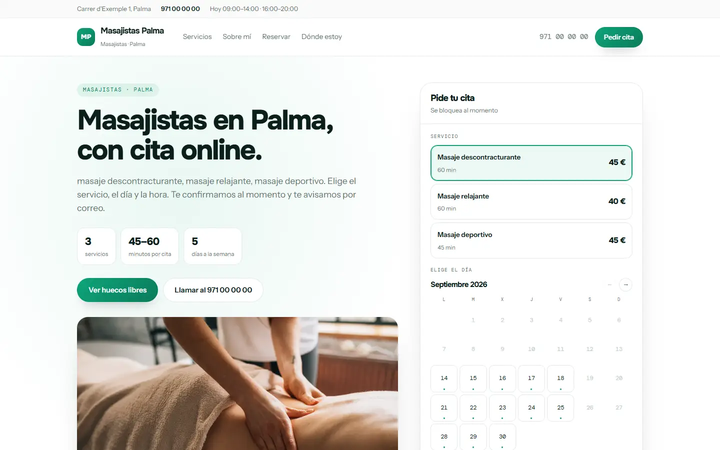 Ejemplo de web de una consulta, con sus servicios y el calendario de citas