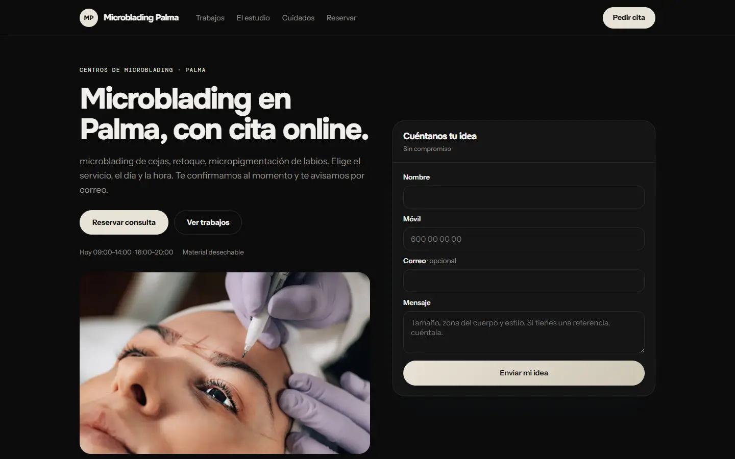Ejemplo de web de un salón, con sus servicios, sus precios y la reserva online
