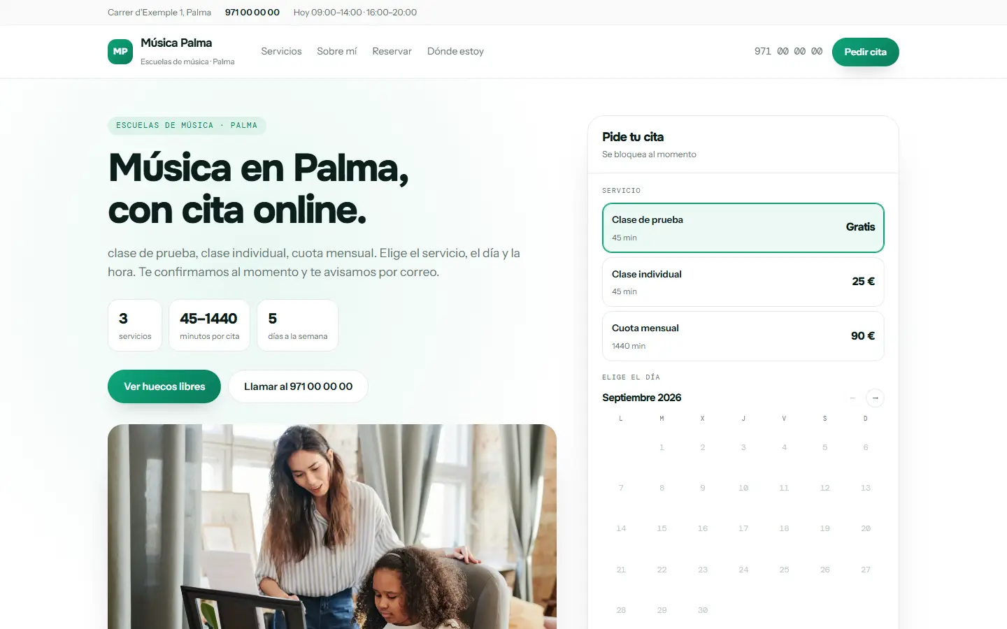 Ejemplo de web de una academia, con sus cursos, sus cuotas y la matrícula
