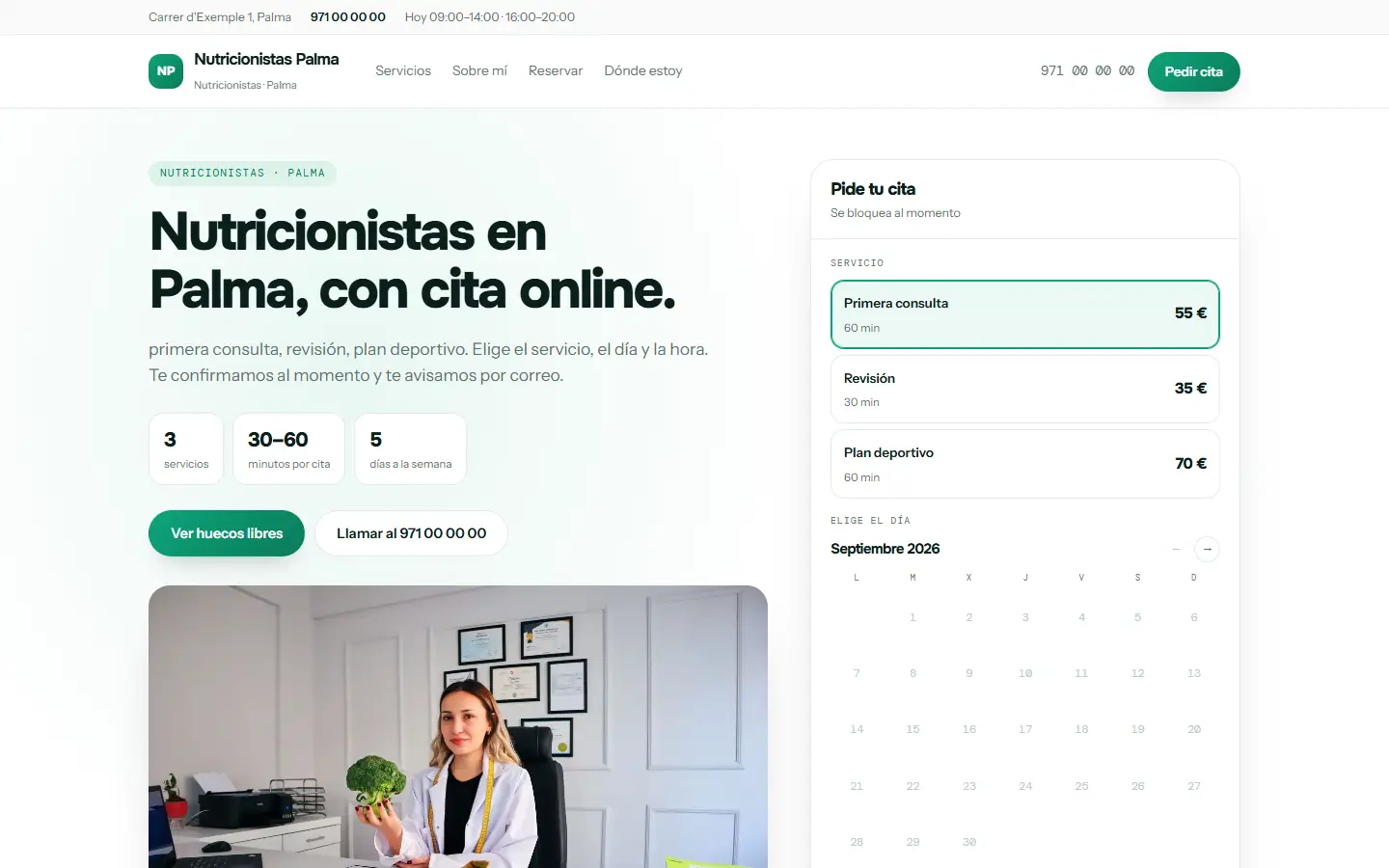 Ejemplo de web de una consulta, con sus servicios y el calendario de citas