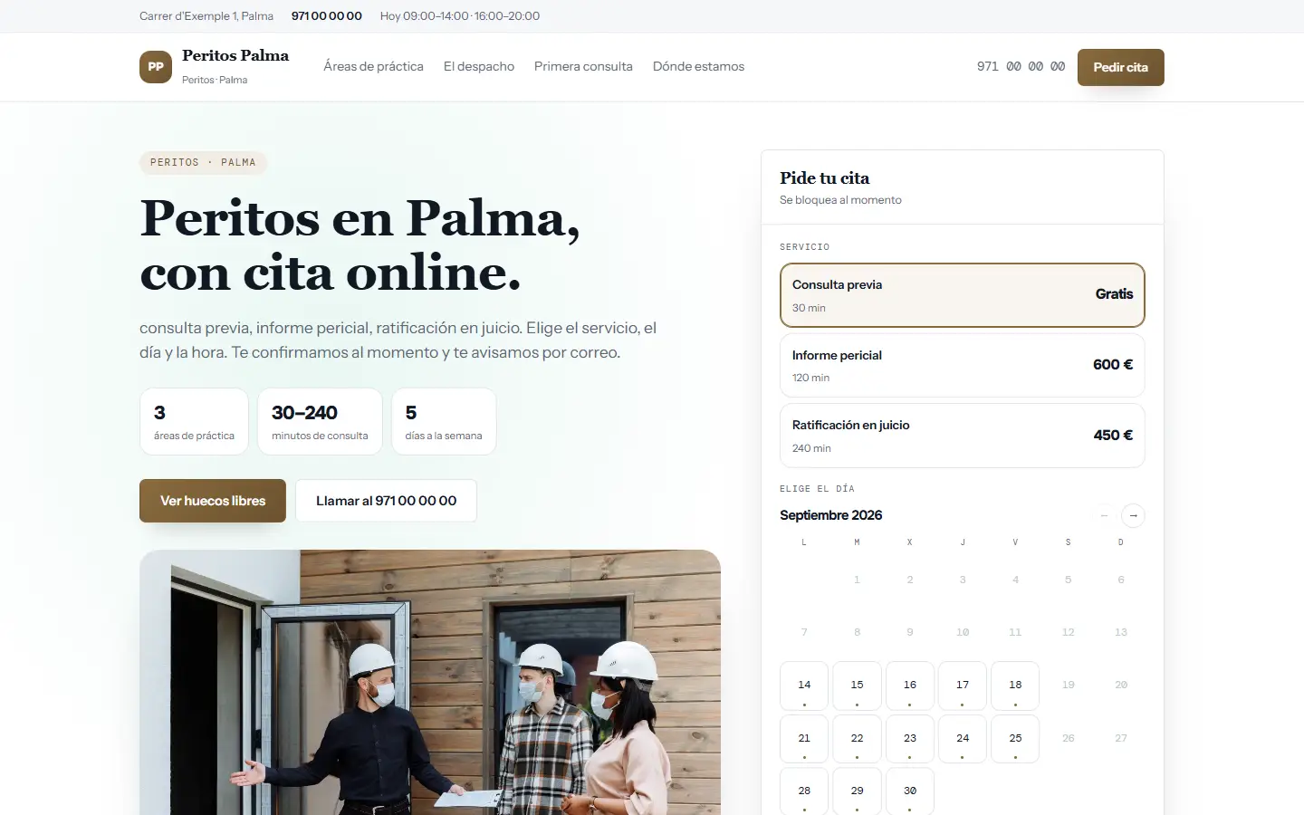 Ejemplo de web de un despacho, con sus servicios y la primera consulta reservable