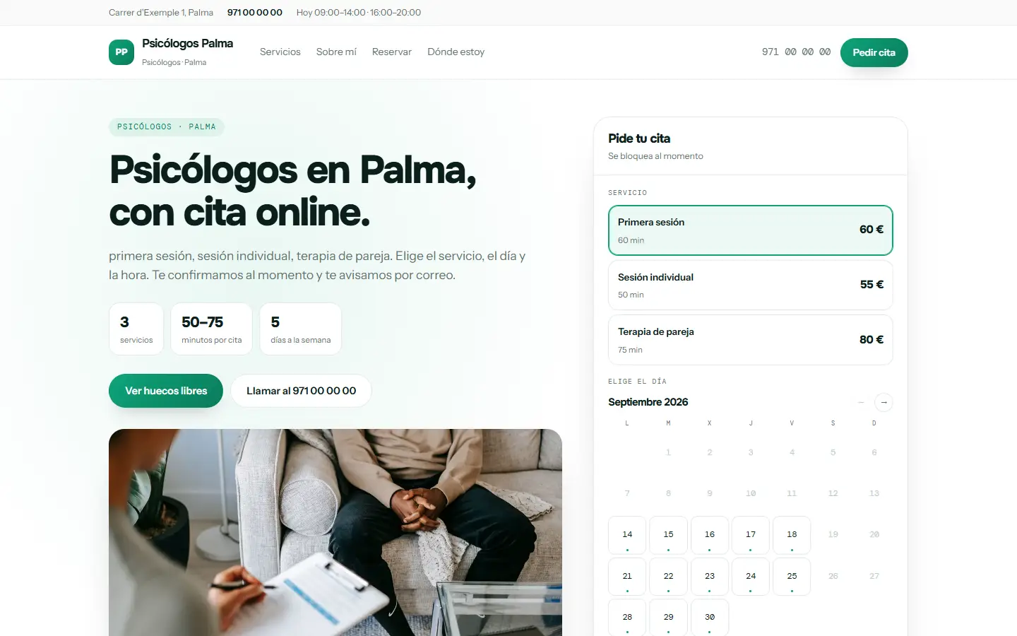 Ejemplo de web de una consulta, con sus servicios y el calendario de citas