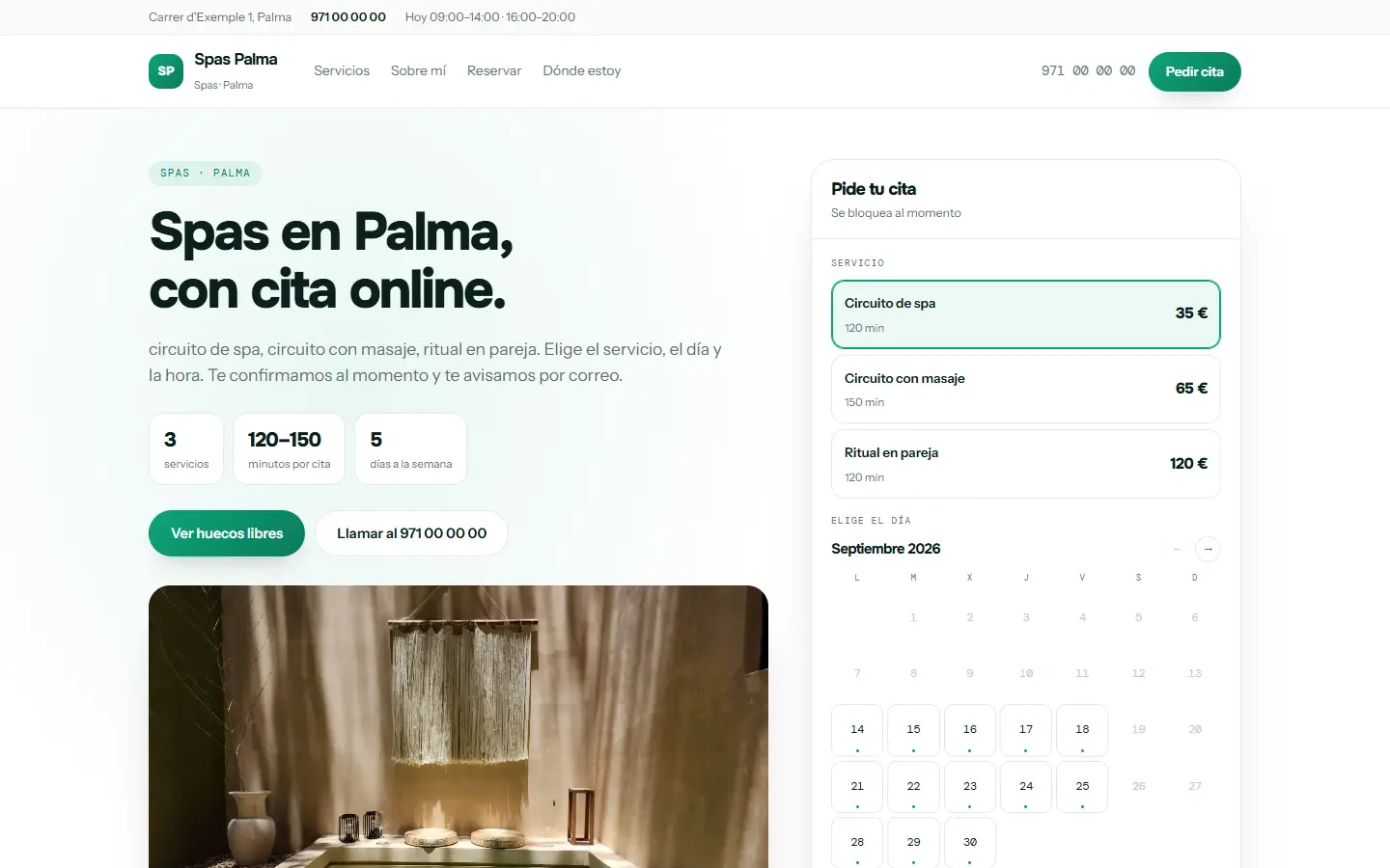 Ejemplo de web de un salón, con sus servicios, sus precios y la reserva online