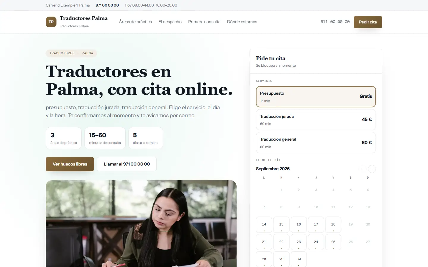 Ejemplo de web de un despacho, con sus servicios y la primera consulta reservable