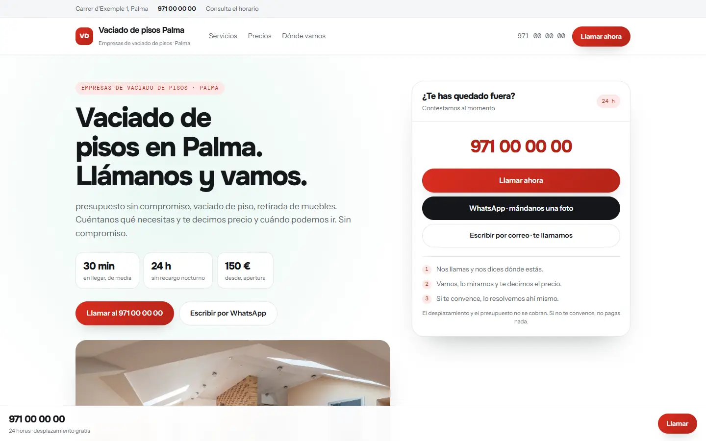 Ejemplo de web de un oficio a domicilio, con el teléfono y el WhatsApp por delante