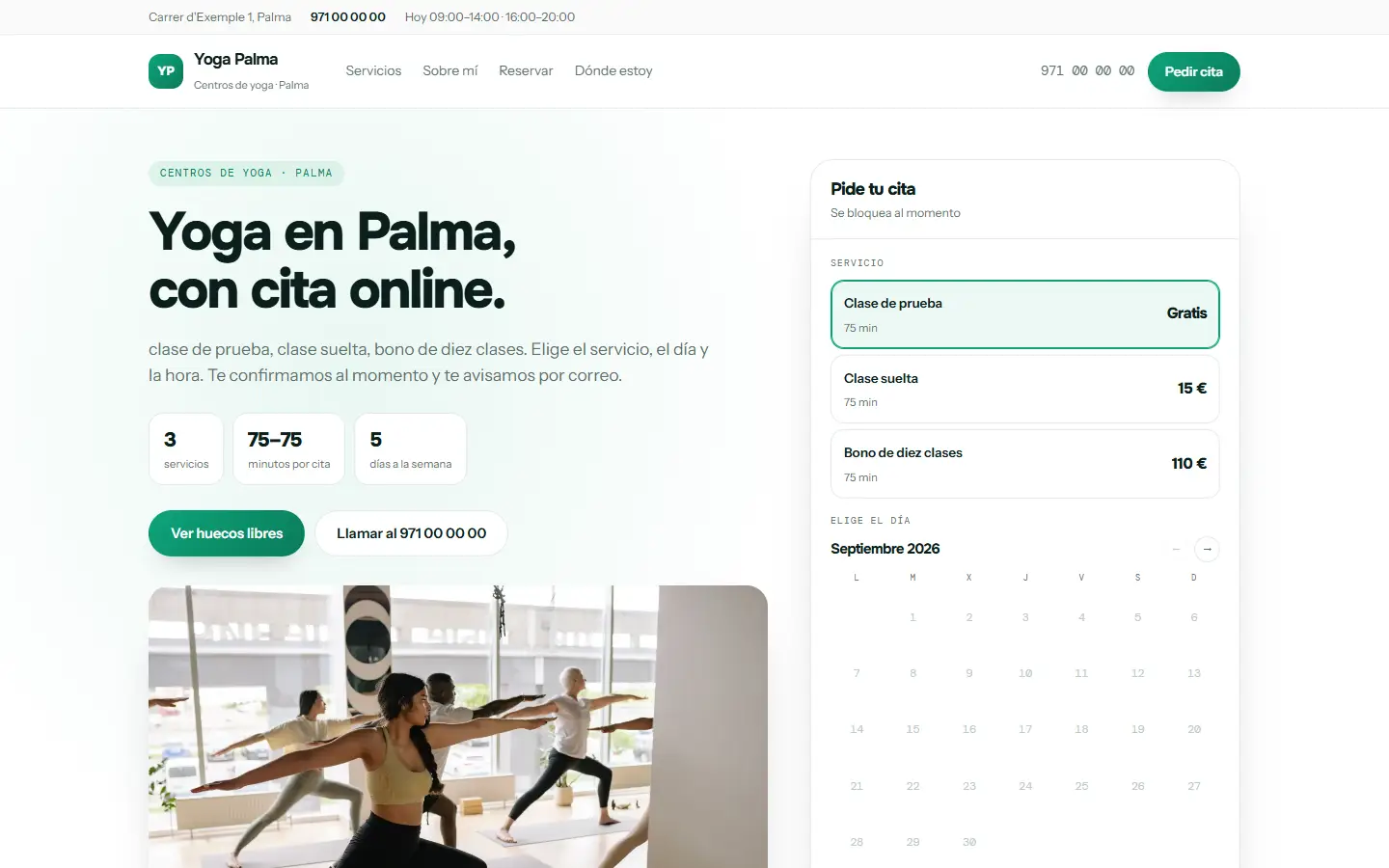 Web de ejemplo para centros de yoga vista en un ordenador