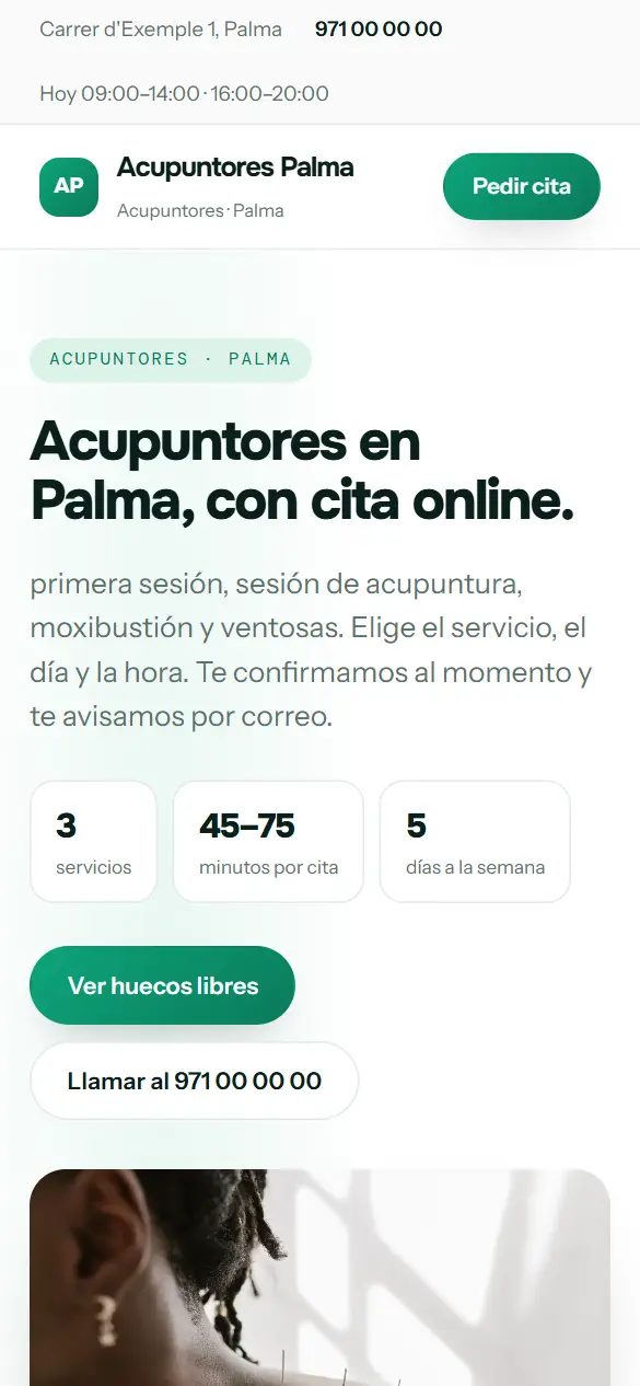 Web de ejemplo para acupuntores vista en el móvil