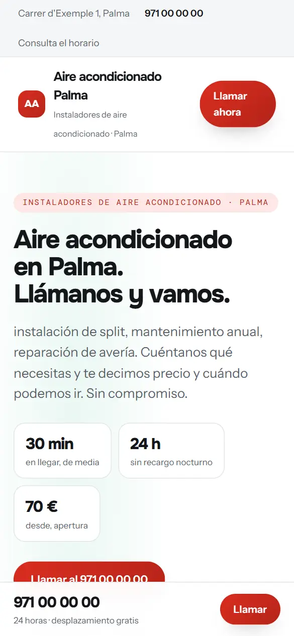 Web de ejemplo para instaladores de aire acondicionado vista en el móvil