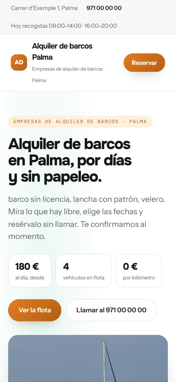 Web de ejemplo para empresas de alquiler de barcos vista en el móvil