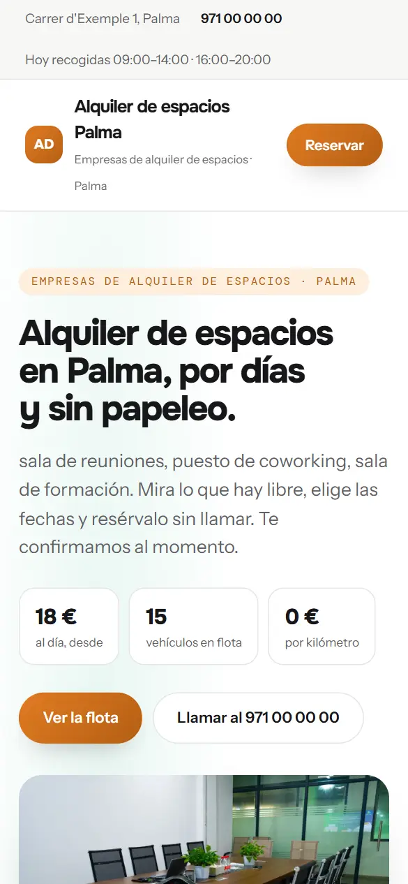 Web de ejemplo para empresas de alquiler de espacios vista en el móvil