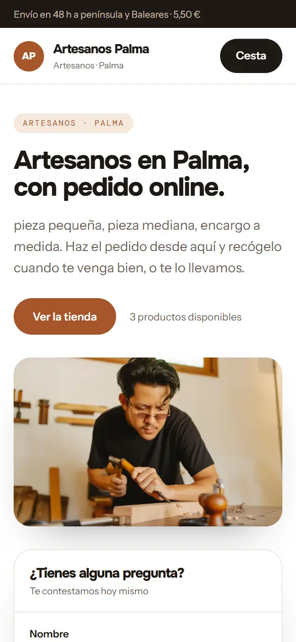 Web de ejemplo para artesanos vista en el móvil