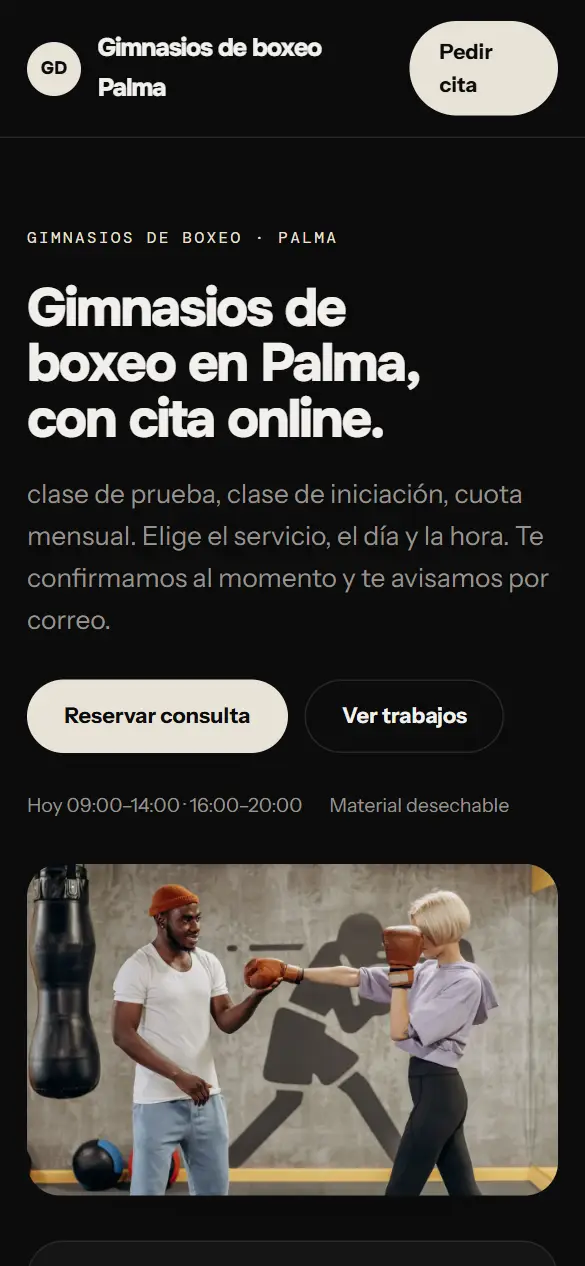 Web de ejemplo para gimnasios de boxeo vista en el móvil